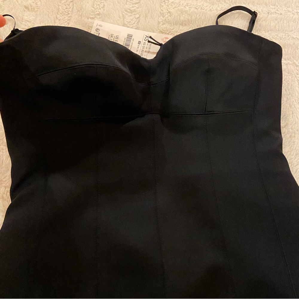 Zara midi black strapless satin effect cocktail dress. Sweetheart neckline.